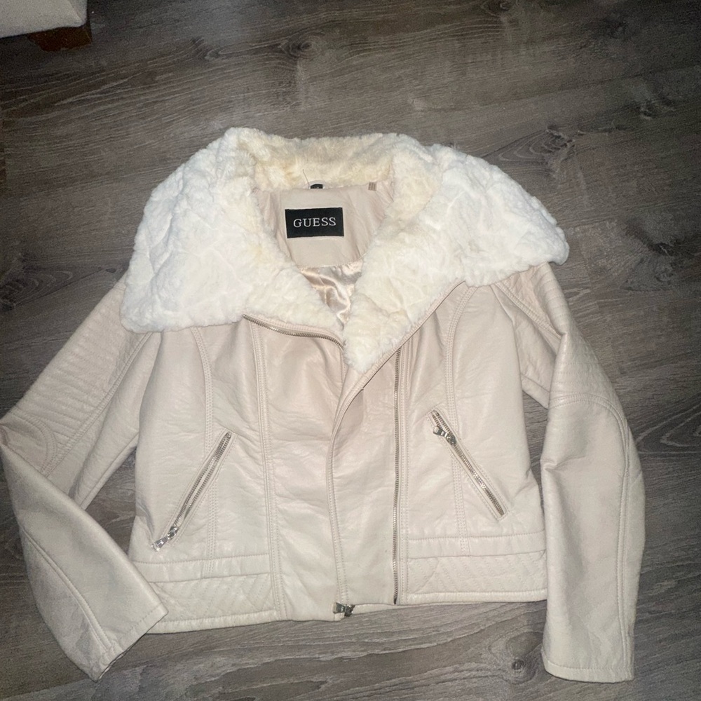 Guess Women's Light Beige Leather Jacket with Faux Fur Collar
